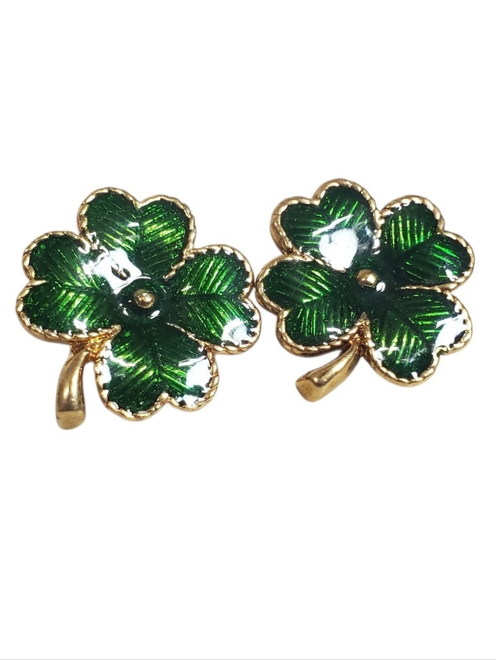 Vintage Avon Four Leaf Clover Luck Of The Iris Earring Set Green And Gold Stamp